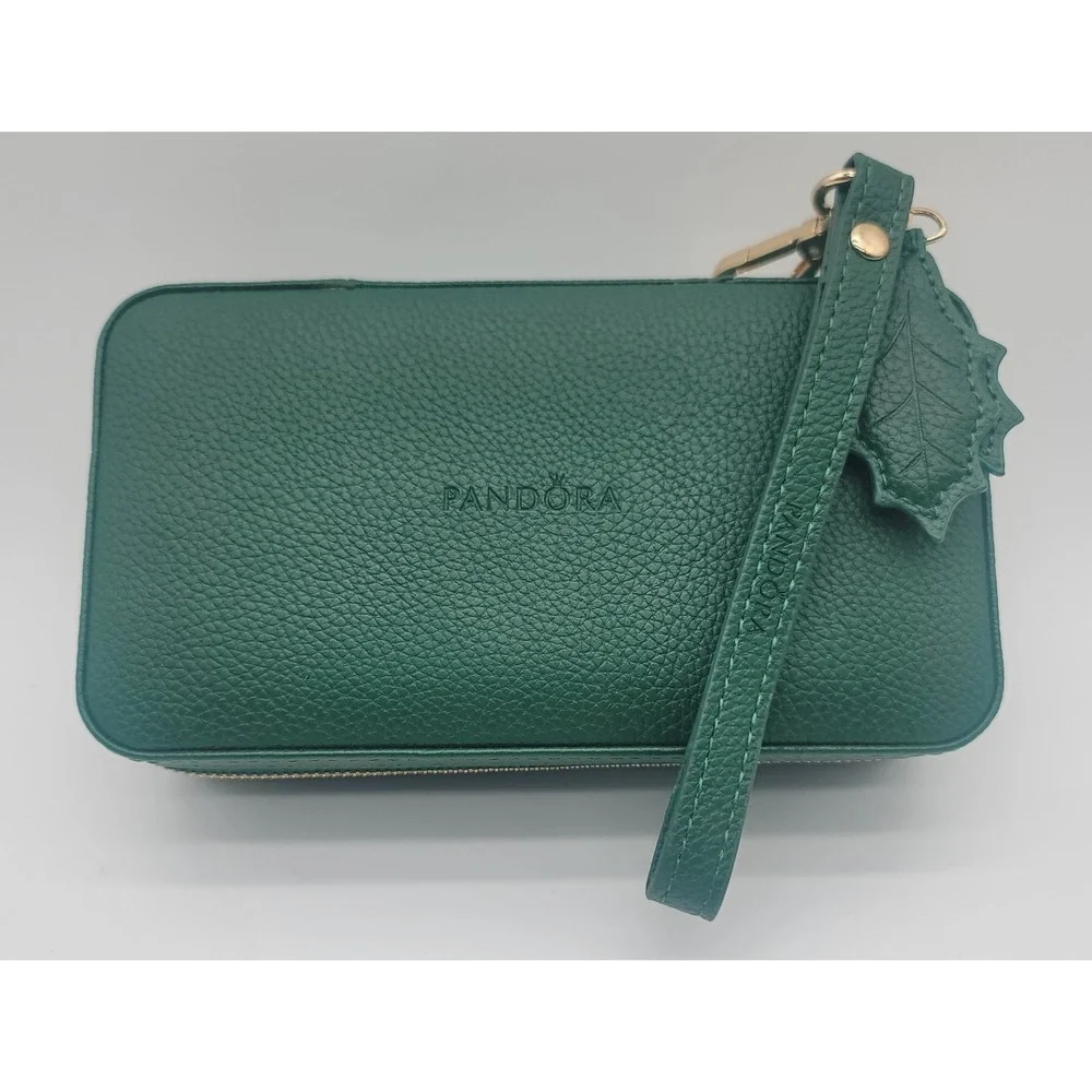 Pandora Green Travel Jewelry Box Case Wristlet Organizer Zip Vegan Leather